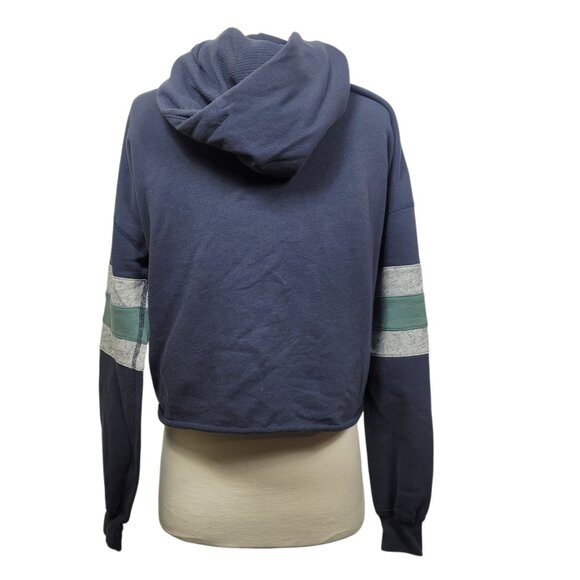 Abercrombie & Fitch Navy Blue Hoodie Sweatshirt XS Cropped Fit Striped Sleeve - Picture 5 of 10